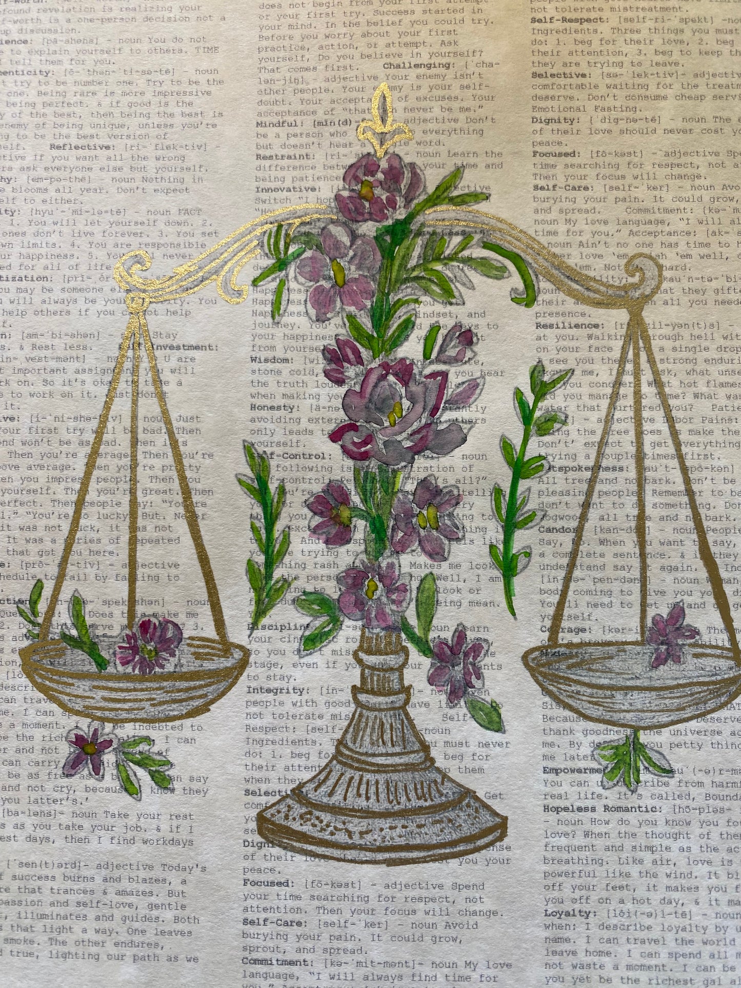 Hand-Painted Scales of Justice, poems of self worth,  Gold-Embellished Balance Scales | Literary Wall Art