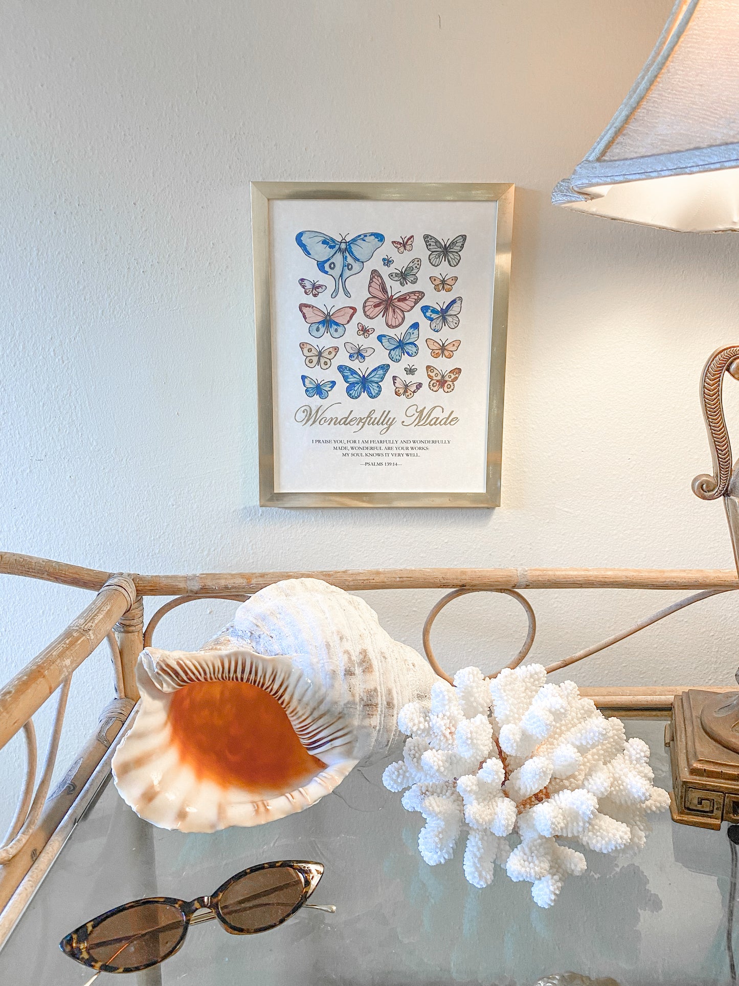 Hand-Painted Butterfly Scripture Art | Gold Psalm 139:14 Framed Print