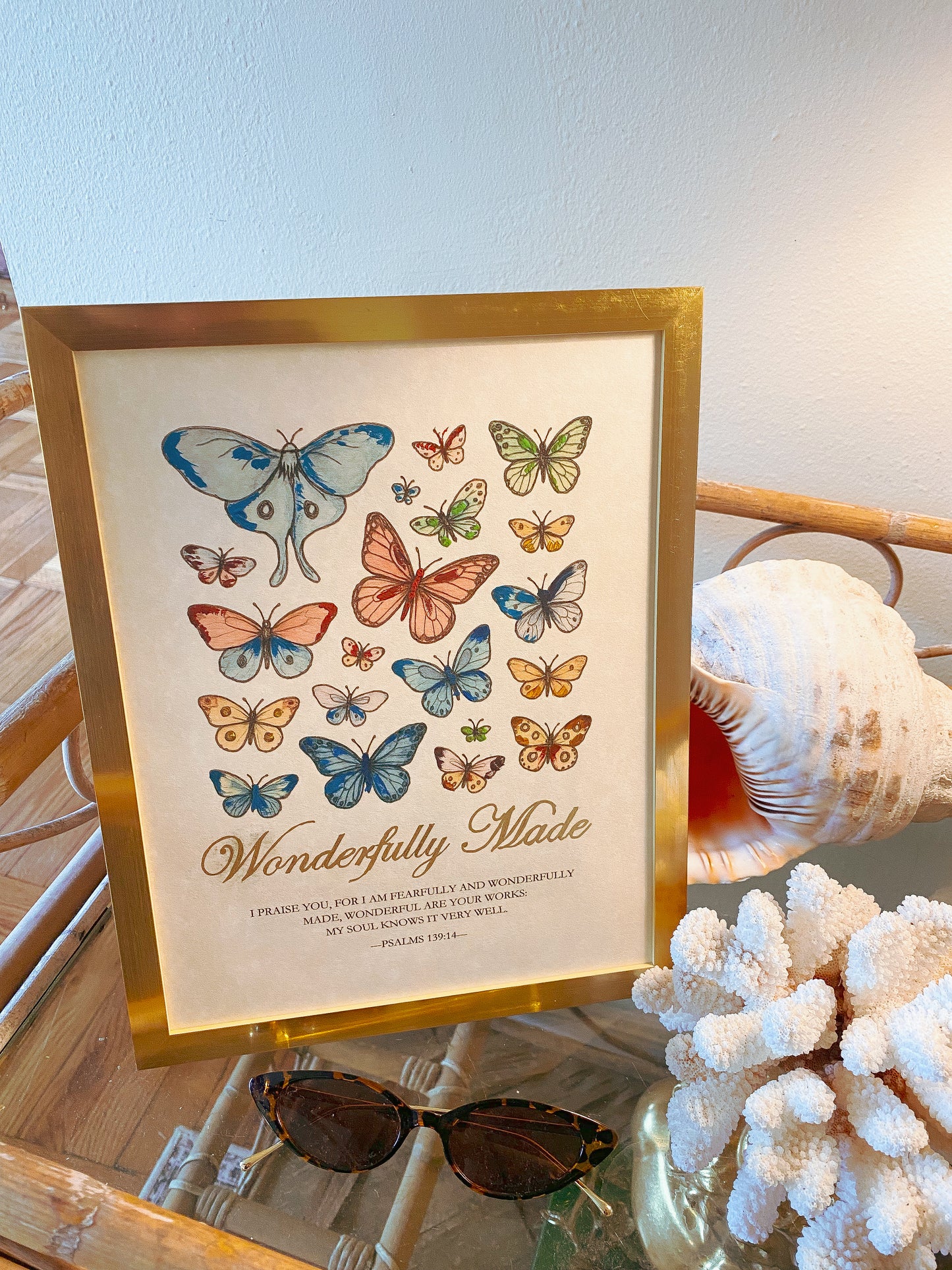 Hand-Painted Butterfly Scripture Art | Gold Psalm 139:14 Framed Print