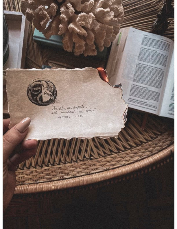 Set of 5 - “Wise as Serpents, Innocent as Doves” Burnt-Edge Scripture Art Print