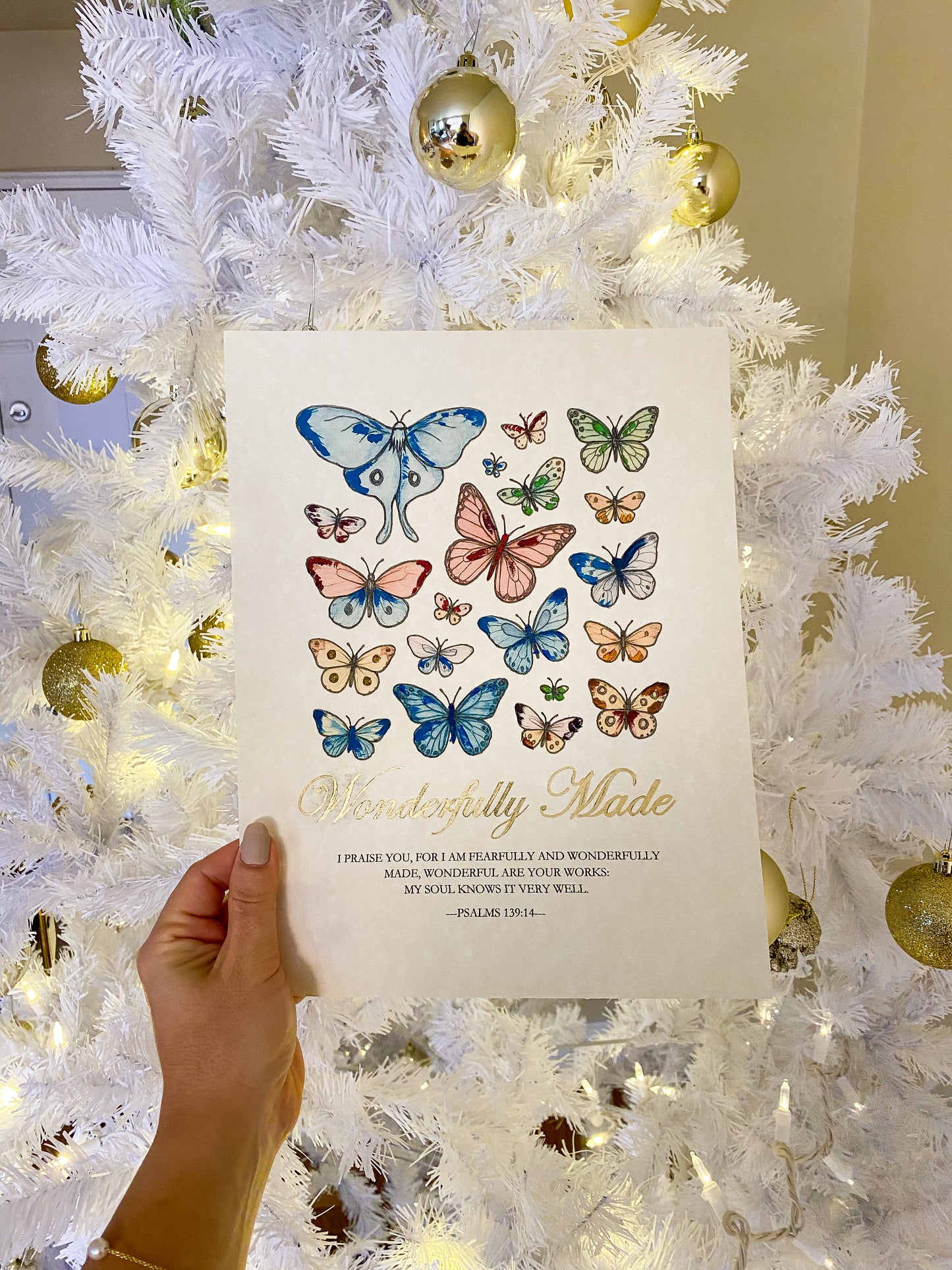 Hand-Painted Butterfly Scripture Art | Gold Psalm 139:14 Framed Print