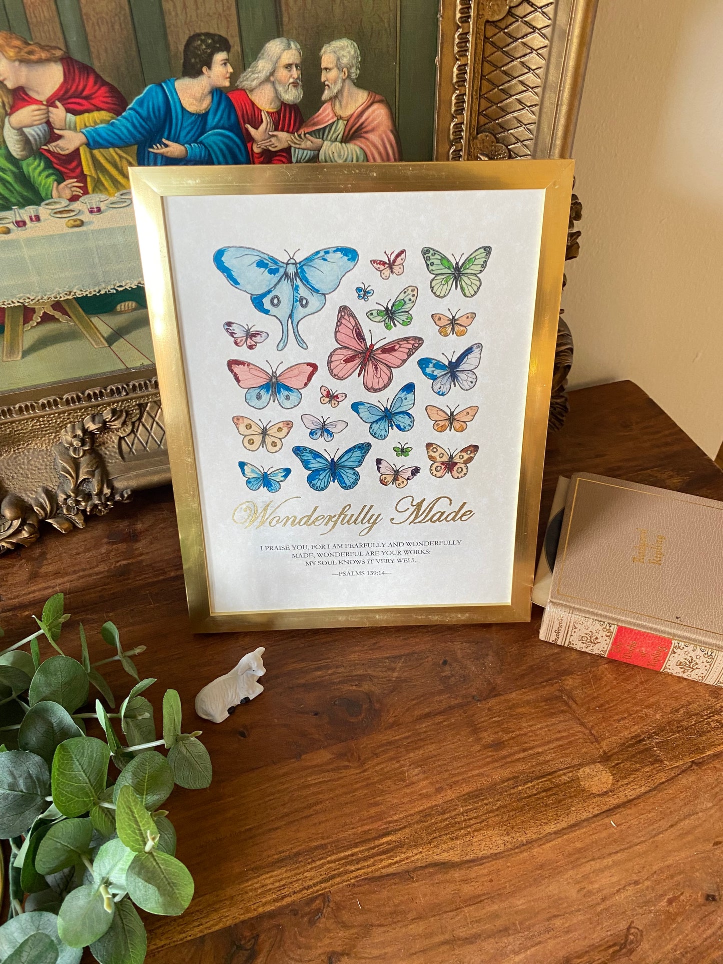 Hand-Painted Butterfly Scripture Art | Gold Psalm 139:14 Framed Print