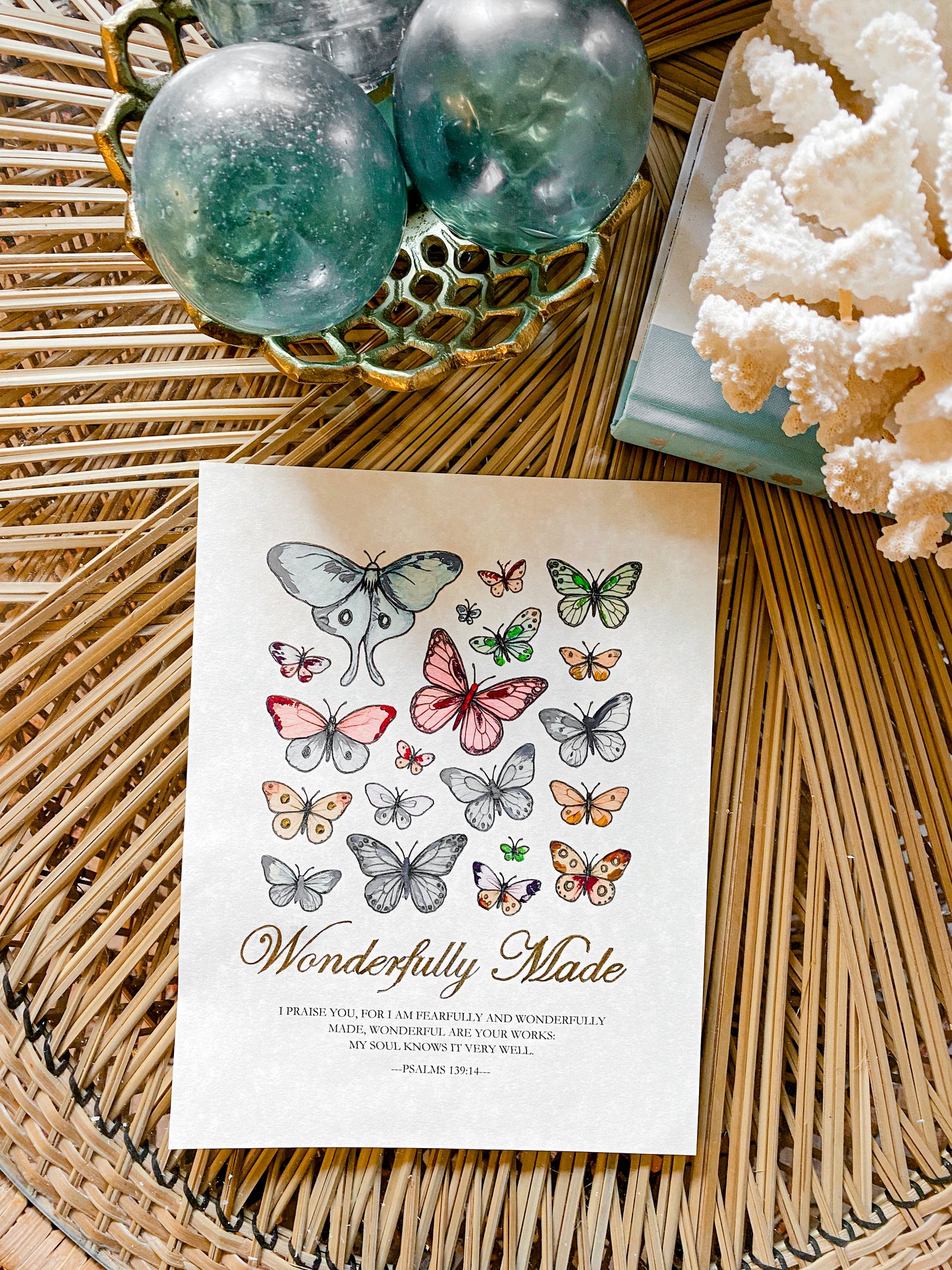 Hand-Painted Butterfly Scripture Art | Gold Psalm 139:14 Framed Print