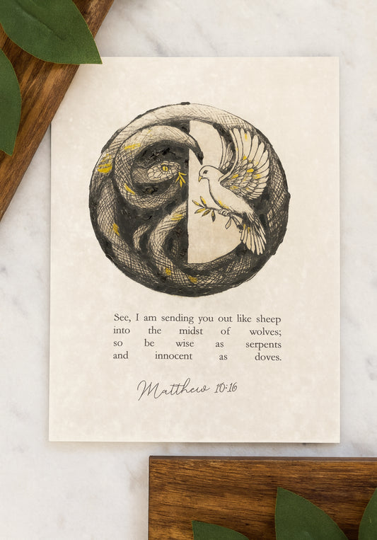 Serpent & Dove Christian Art Print, Matthew 10:16, Hand-Embellished Gold