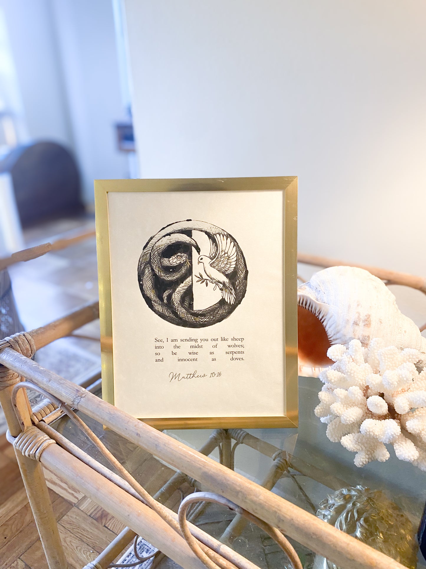 Serpent & Dove Christian Art Print, Matthew 10:16, Hand-Embellished Gold