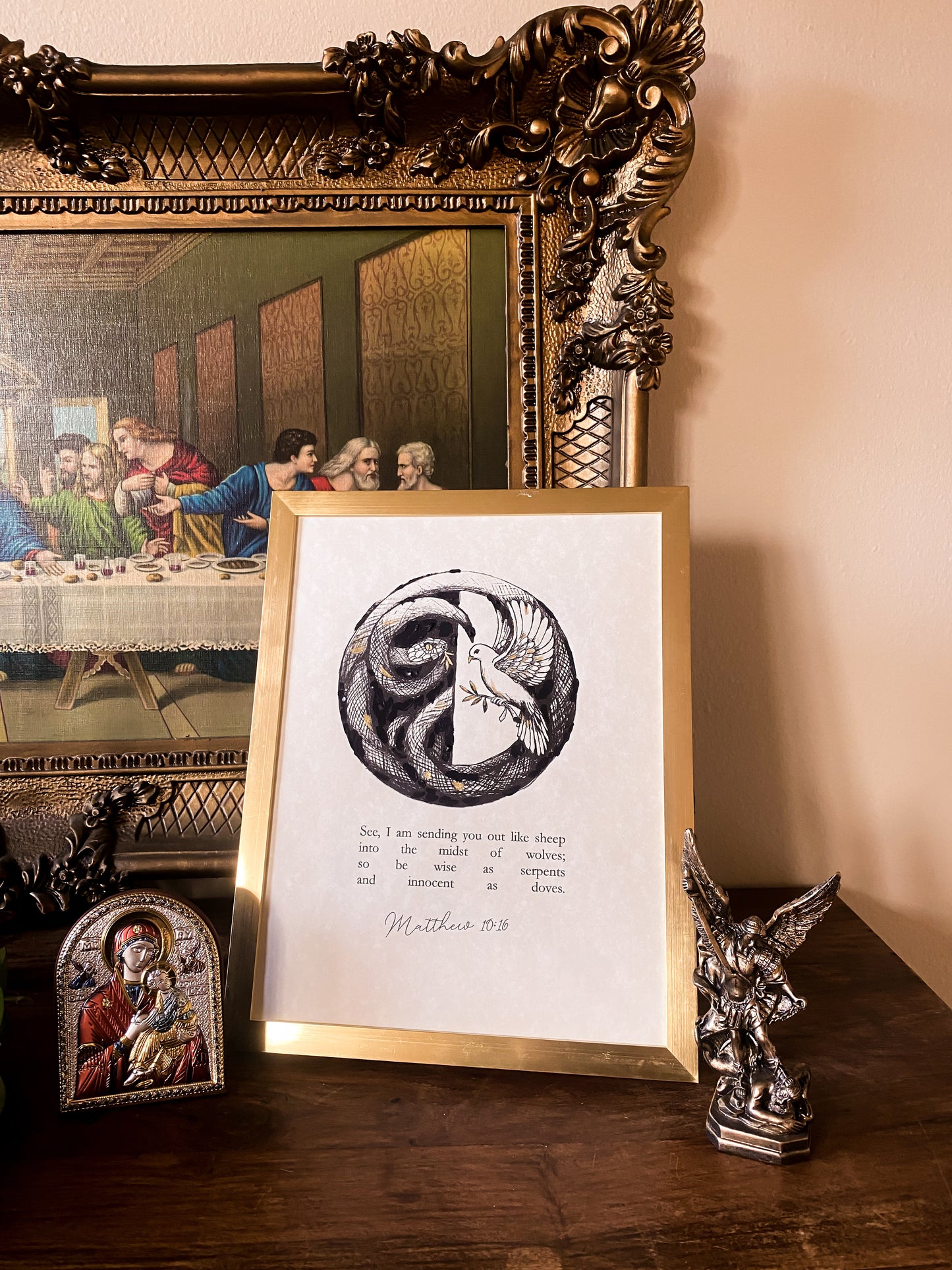 Serpent & Dove Christian Art Print, Matthew 10:16, Hand-Embellished Gold