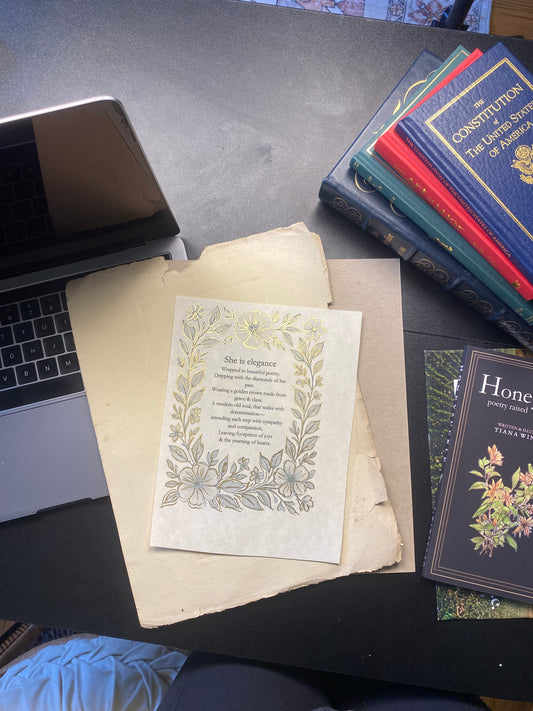 Hand-Embellished Gold Print, "She Is Elegance" Poem, Feminine Art