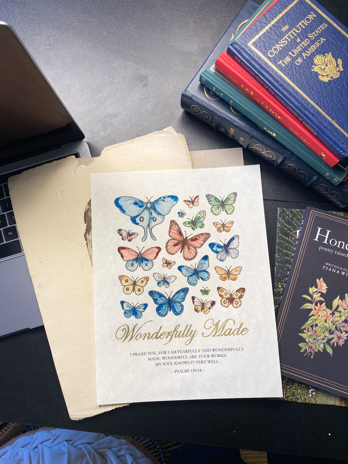 Hand-Painted Butterfly Scripture Art | Gold Psalm 139:14 Framed Print