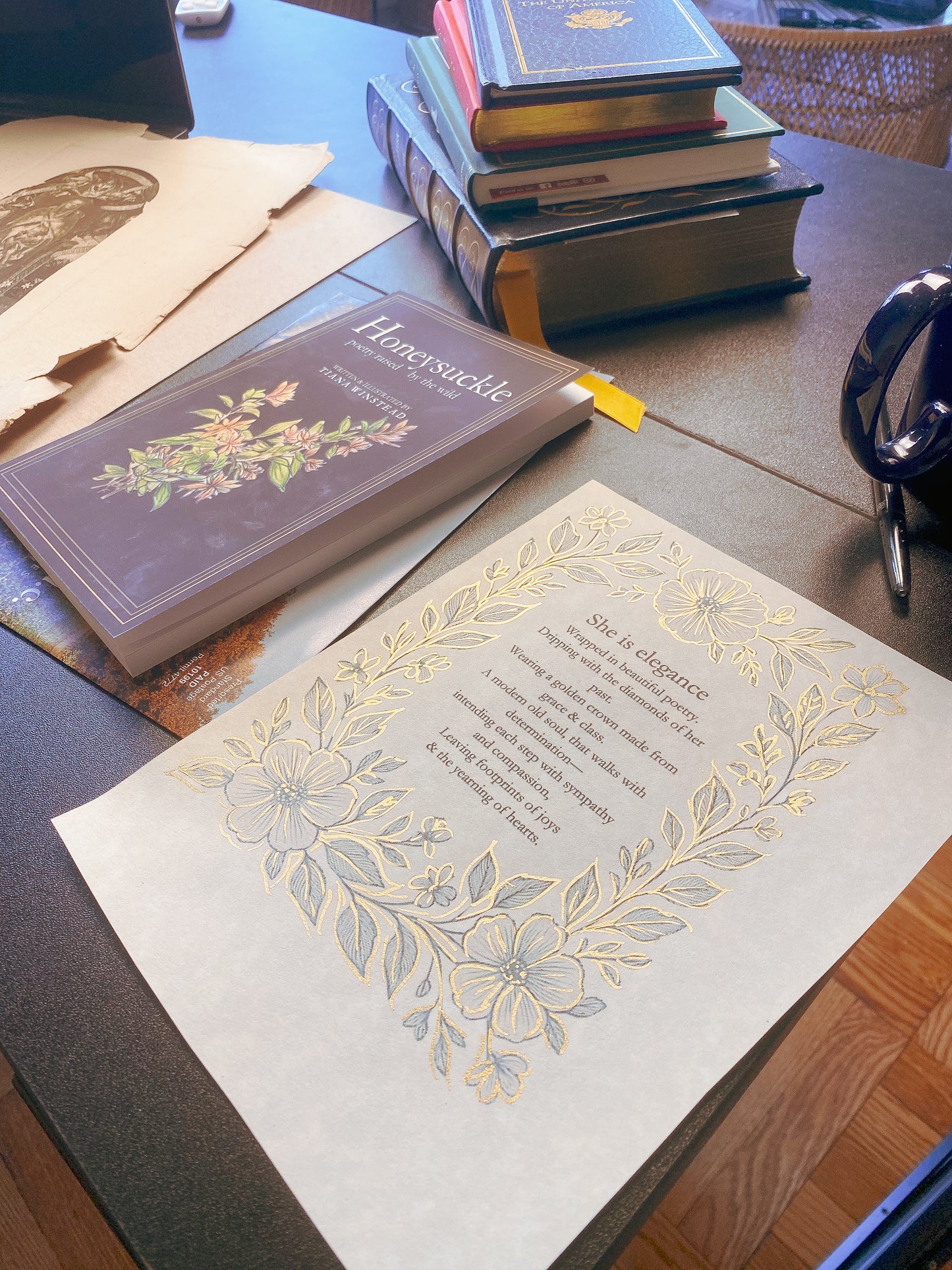 Hand-Embellished Gold Print, "She Is Elegance" Poem, Feminine Art