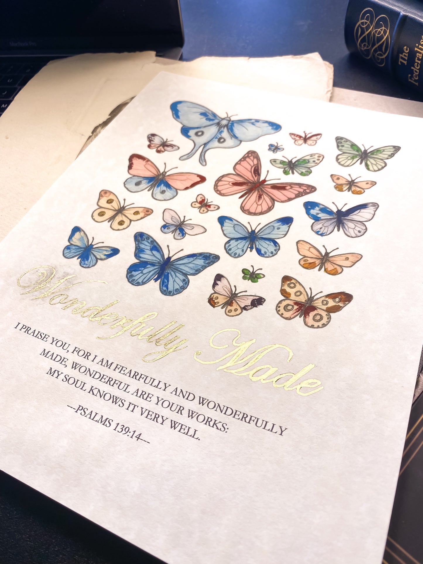 Hand-Painted Butterfly Scripture Art | Gold Psalm 139:14 Framed Print