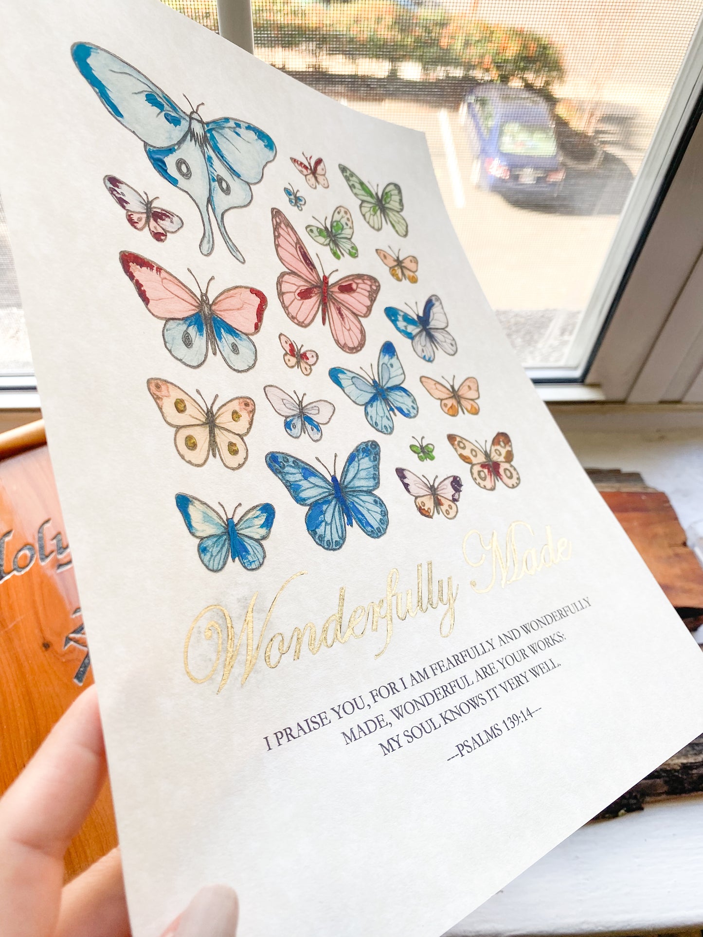 Hand-Painted Butterfly Scripture Art | Gold Psalm 139:14 Framed Print