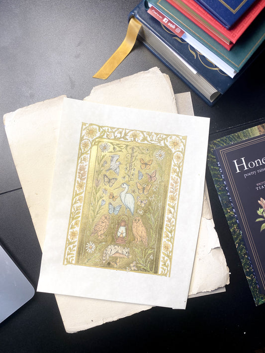 Hand-Painted Gold Nature Art Print | Cottagecore Illustration