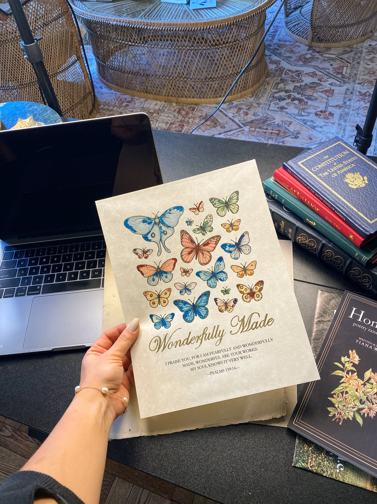 Hand-Painted Butterfly Scripture Art | Gold Psalm 139:14 Framed Print