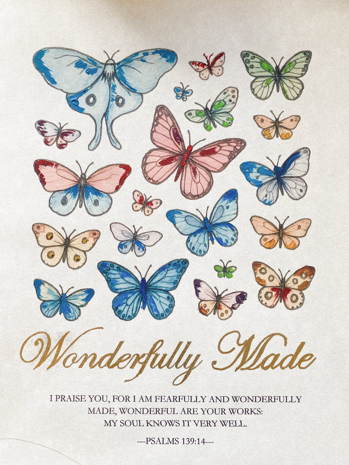 Hand-Painted Butterfly Scripture Art | Gold Psalm 139:14 Framed Print